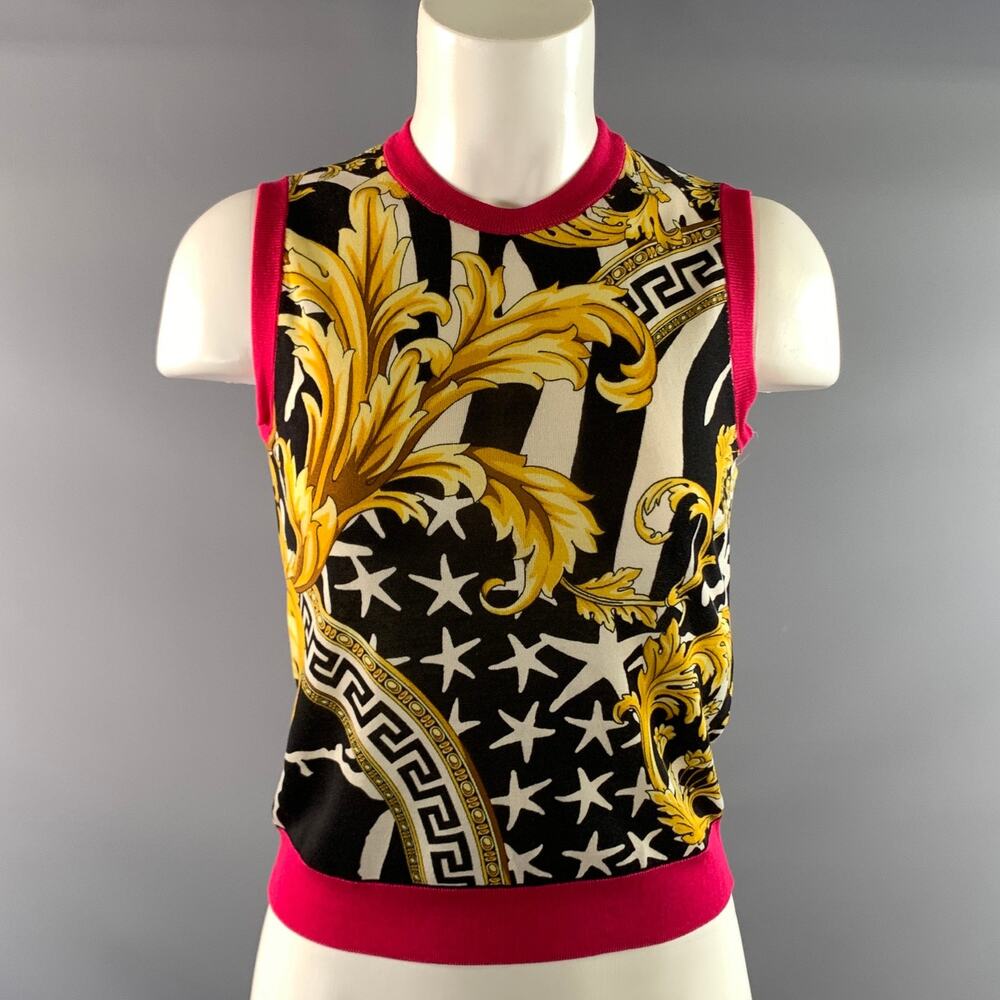 VERSACE SS2018 Size 6 Pink Yellow Silk & Cotton Baroque Casual Top